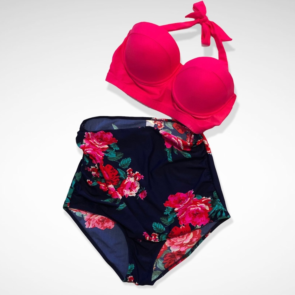 2 Piece Bathing Suite plus size. High Waist Bottom. Halter style top.